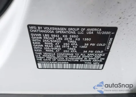 2021 Volkswagen Atlas Cross Sport 3.6L V6 Se W/Technology z USA, uszkodzony, nr VIN 1V2KE2CAXMC202664